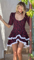 Sexy U Collar Middle-Sleeve Floral-Print A- line Skirt